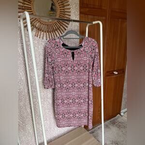 Laundry by Shelli Segal Pink Black Geometric Pattern Lined Midi Dress 3/4 Sleeve